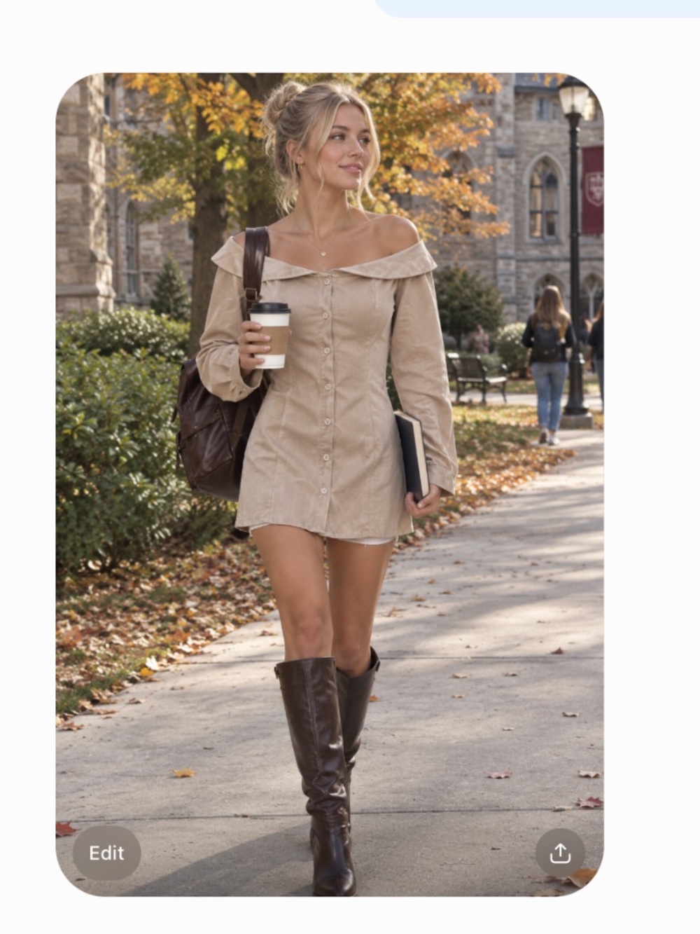 Beige Pinstripe Off-the-Shoulder Button-Front Mini Dress / Tunic / Shirtdress